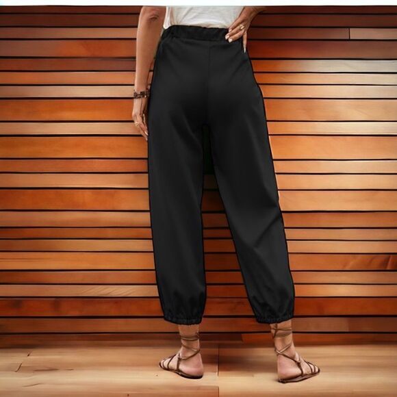 Black Pocket-Tie Waist, button accent lightweight cotton blend pants size L nwt - Picture 13 of 13